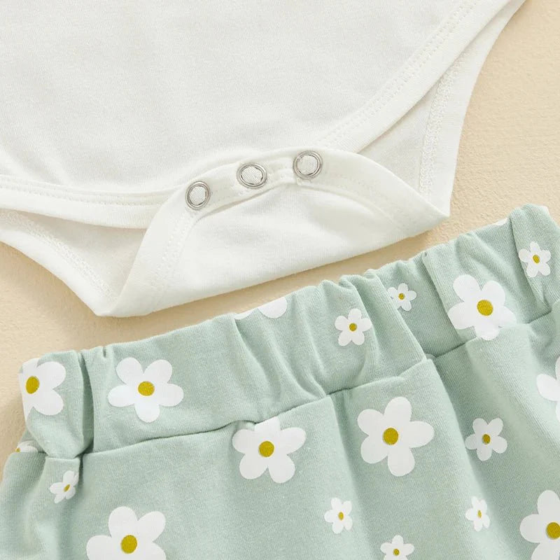 Baby Girls Outfit Short Sleeve Romper - Floral Shorts - Hairband Set Casual Clothes
