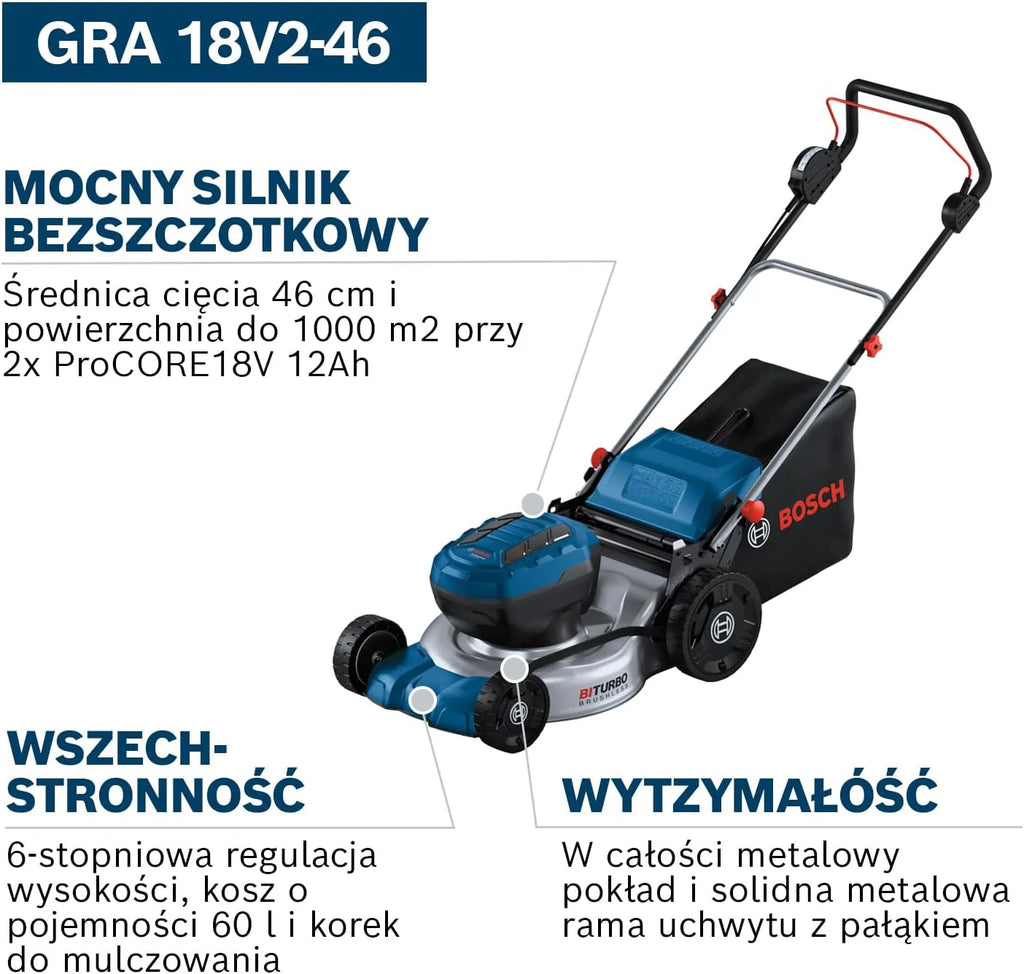 System profesjonalny 18 V firmy Bosch: kosiarka akum. GRA 18V2-46 (szer. cięcia: 46 cm, 6-stopniowa regulacja wys. cięcia, materiałowy worek na trawę 60 l, 2 klucze zapłonu, przystawka do mulczowania)
