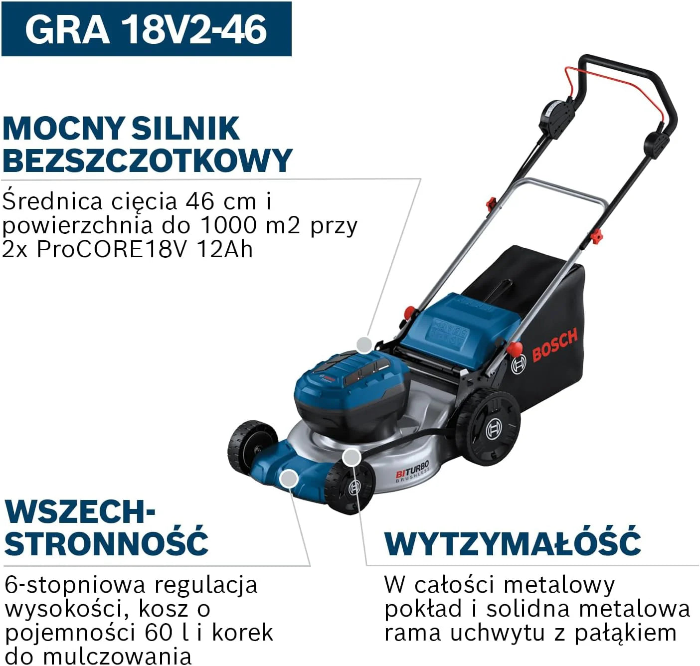 System profesjonalny 18 V firmy Bosch: kosiarka akum. GRA 18V2-46 (szer. cięcia: 46 cm, 6-stopniowa regulacja wys. cięcia, materiałowy worek na trawę 60 l, 2 klucze zapłonu, przystawka do mulczowania)