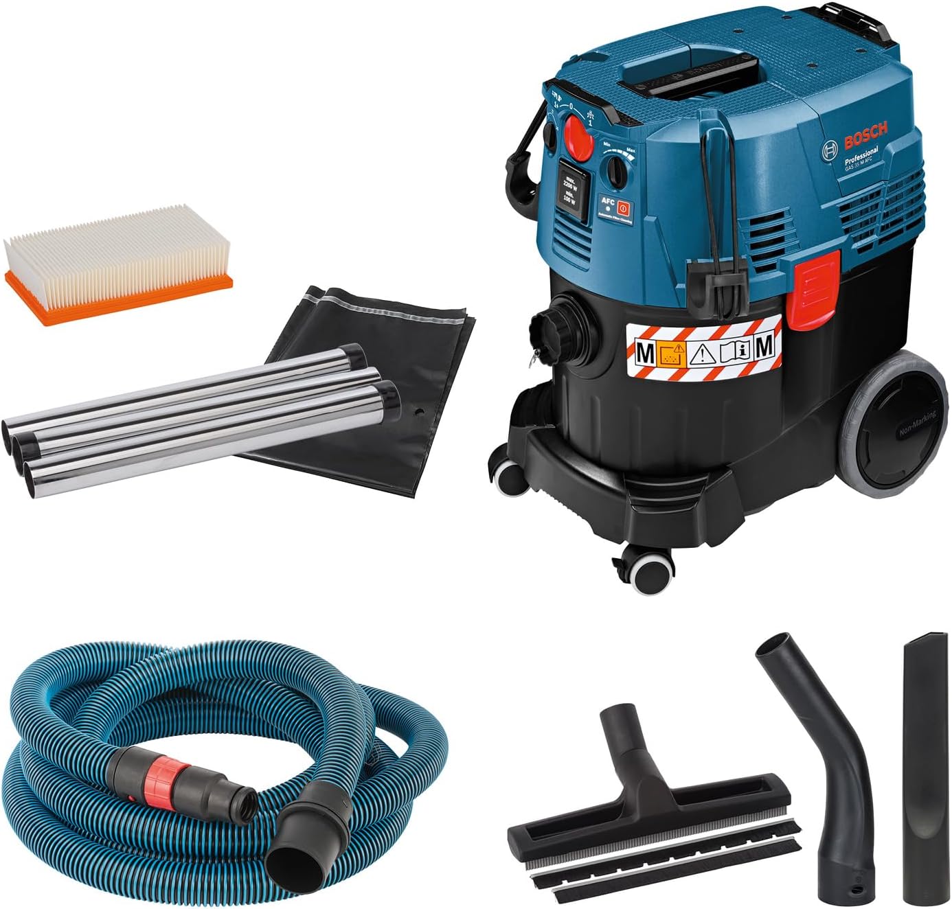 Bosch Professional: odkurzacz do pracy na sucho i mokro GAS 35 L AFC (1 200 W, 3 rury chromowane, wąż 5 m, zestaw dysz podłogowych, 1 filtr płaski fałdowany, worek na pył)