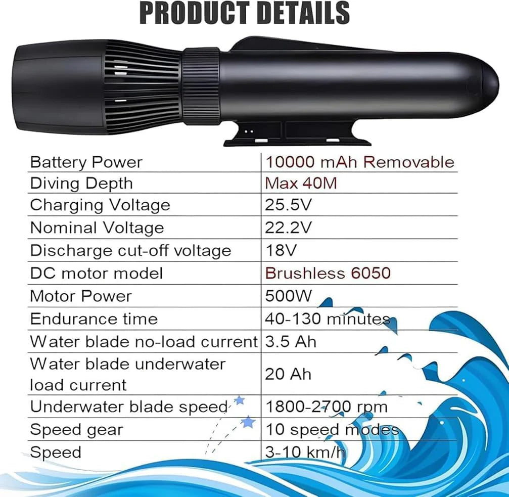 Elektryczny skuter wodny i skuter do nurkowania, napęd podwodny 500 W, akumulator 10000 mAh, czas pracy 130 min, prędkość 7 km/h, głębokość 40 m, napęd pływacki do nurkowania i nurkowania