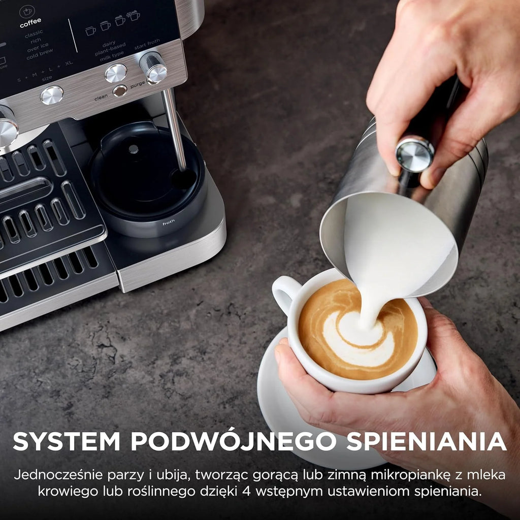 Ninja Luxe Premier Ekspres do kawy 3 w 1, latte, cappuccino, cold brew, espresso, wbudowany młynek i spieniacz do mleka, łatwy w obsłudze, 4 automatyczne ustawienia spieniania, srebrny, ES601EU