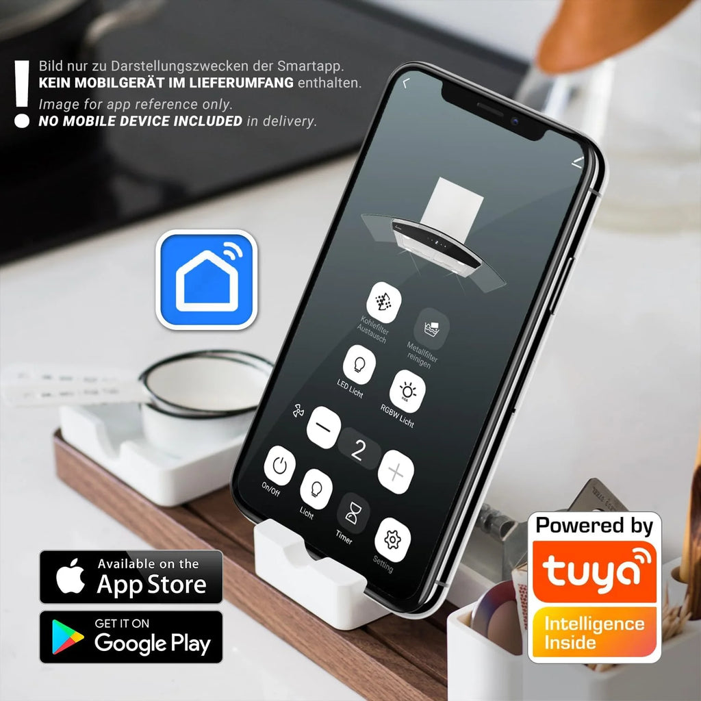 KKT KOLBE Okap kuchenny 90 cm, stal nierdzewna, czarne szkło, aplikacja Smart WiFi, funkcja automatycznego dopływu, obsługa SensorTouch, Delta-Insel-HC