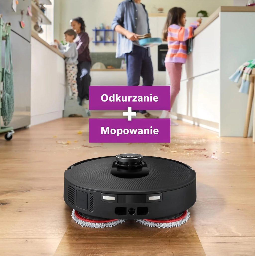 Bosch Spotless Max Robot sprzątający z funkcją mopowania, moc ssania 11 000 Pa, wysuwana nakładka mopującą, stacja czyszczącą, nawigacją Smart Vision, aplikacja Bosch Home Connect, BCRDW3B, czarny