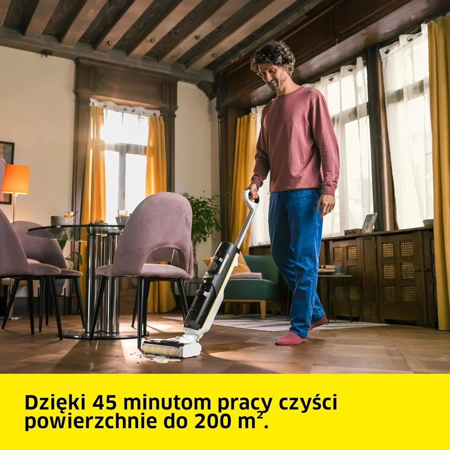 Kärcher bezprzewodowy mop odkurzający FCV 4 Dry Extra, 4 tryby czyszczenia, bateria: ok. 45 min, powierzchnia użytkowa na jedno ładowanie: ok. 200 m², stacja czyszcząca, ładująca i susząca