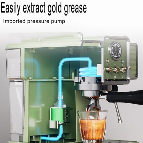 Retro Green 15 Bar Espresso Machine, 1350W Ekspres do kawy z mlecznym Frother, 1,6L Zdejmowany zbiornik i wizualny miernik do domu Cappuccino Latte Brewing
