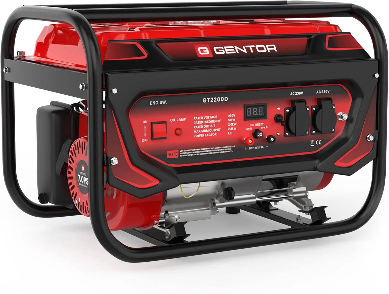 GENTOR generator prądu awaryjnego benzyna cichy 2200 Watt 7.0HP, generatory prądu 4-suwowy silnik benzynowy, 2x 230V, 1x 12V, pull-start, dla kempingu, na zewnątrz, warsztat, dom
