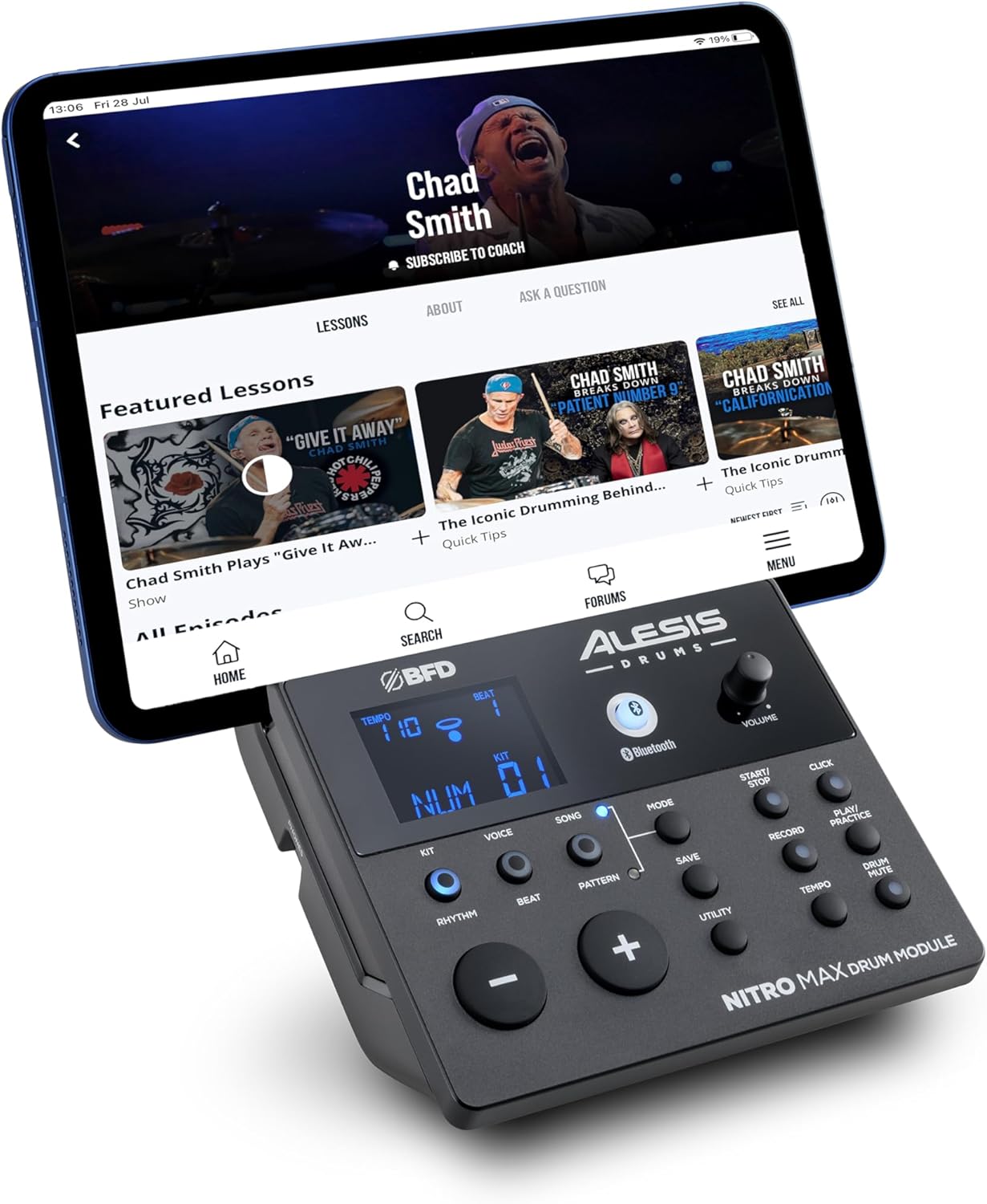 Elektroniczny zestaw perkusyjny Alesis Nitro Max z cichymi naciągami siateczkowymi, 10-calowym werblem dwustrefowym, Bluetooth, ponad 440 autentycznych brzmień, lekcje gry na perkusji, USB MIDI, pedał bębna basowego