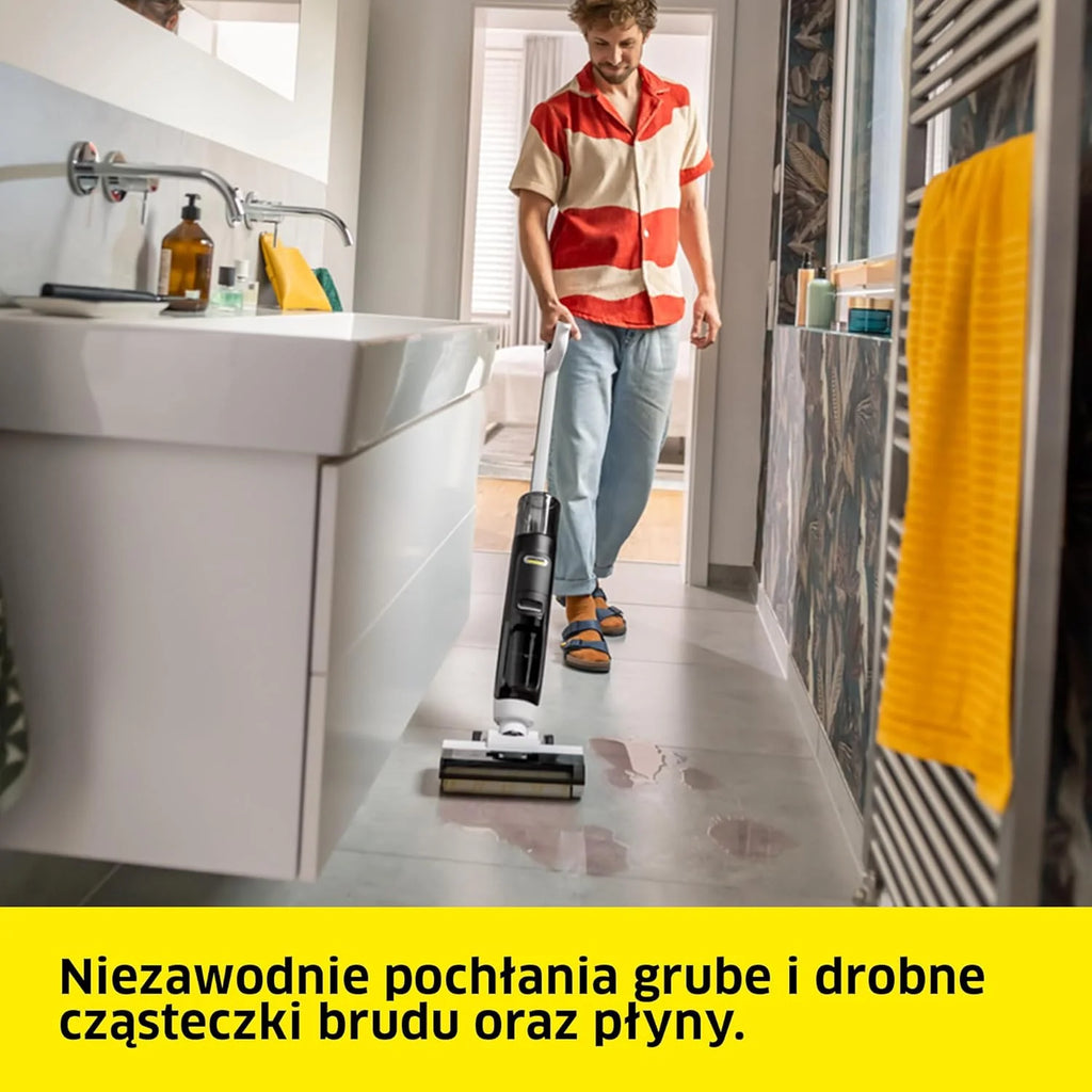 Kärcher bezprzewodowy mop odkurzający FCV 4 Dry Extra, 4 tryby czyszczenia, bateria: ok. 45 min, powierzchnia użytkowa na jedno ładowanie: ok. 200 m², stacja czyszcząca, ładująca i susząca