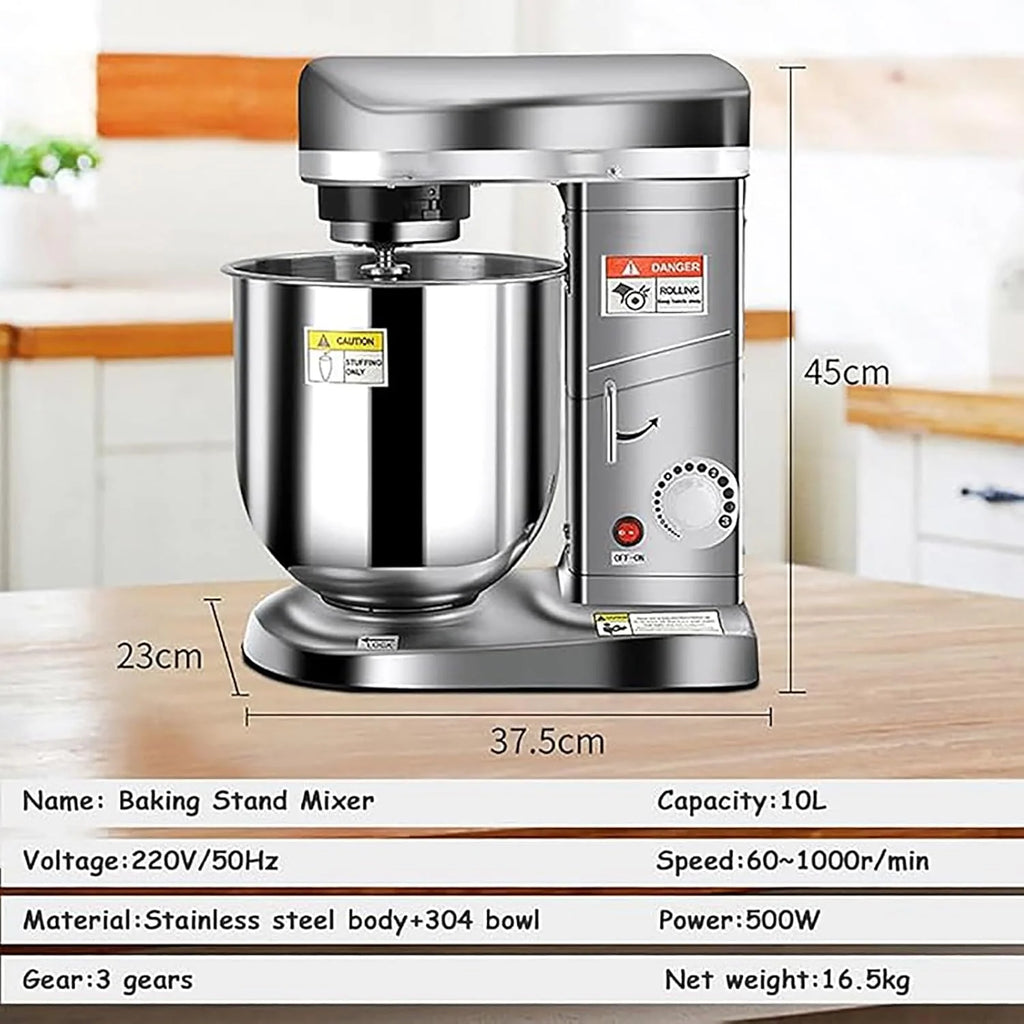 Professional Stand Mixer, 3 Speed 10L Mixing Bowl 500W Electric Mixer with Mixing Bowl, Beater & Dough Hook, Commercial Kitchen Cake Mixer & Dough Mixer,StainlessSteel