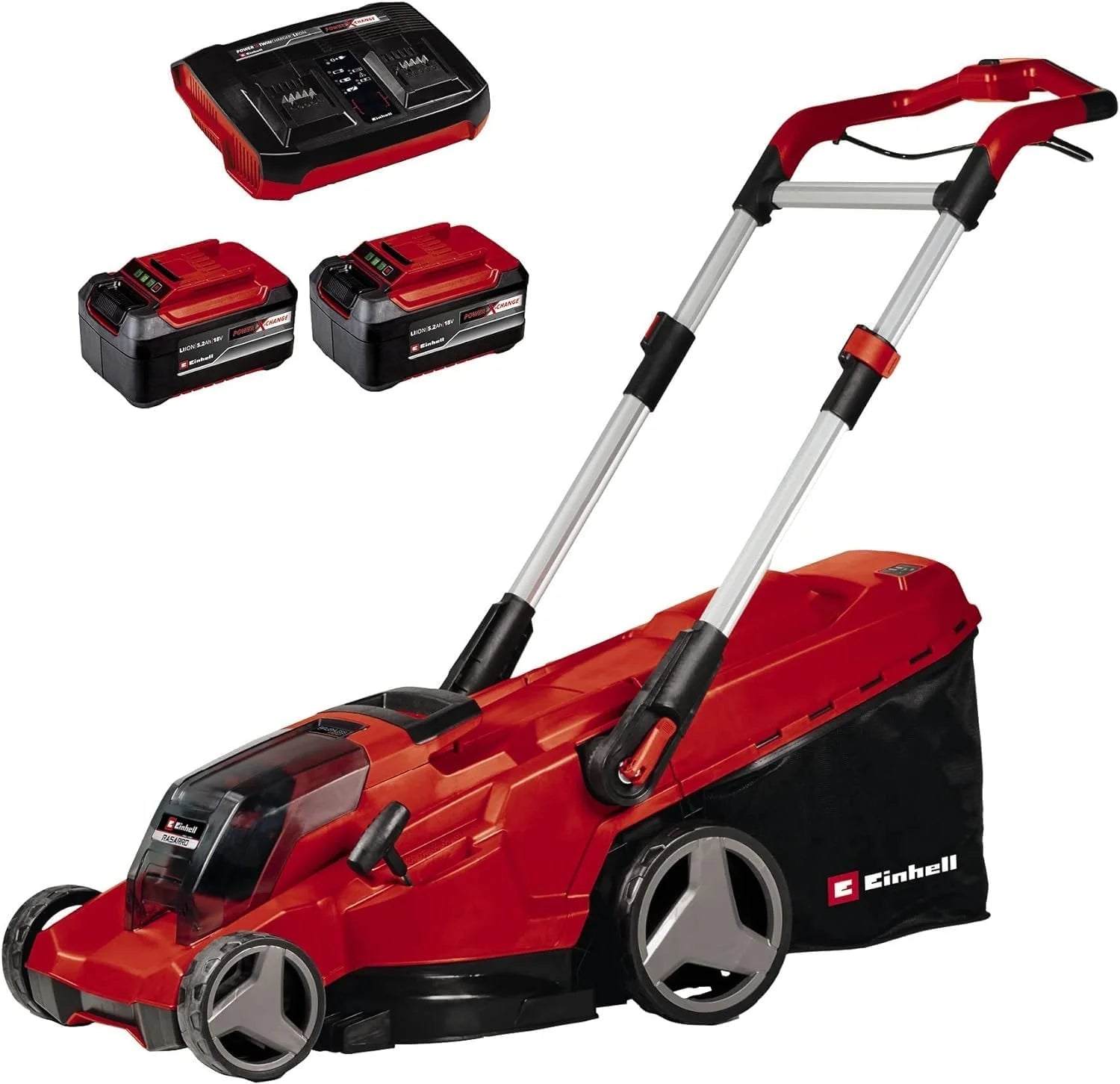 Einhell Zest. akum. kosiarki RASARRO 36/42 Power X-Change (36 V, szer. koszenia 42 cm, do 725 m², bezszcz., kosz 50 l, funkcja mulczera, w tym 2 x akum. 5,2 Ah + 1 x podwójna ładowarka Twincharger)