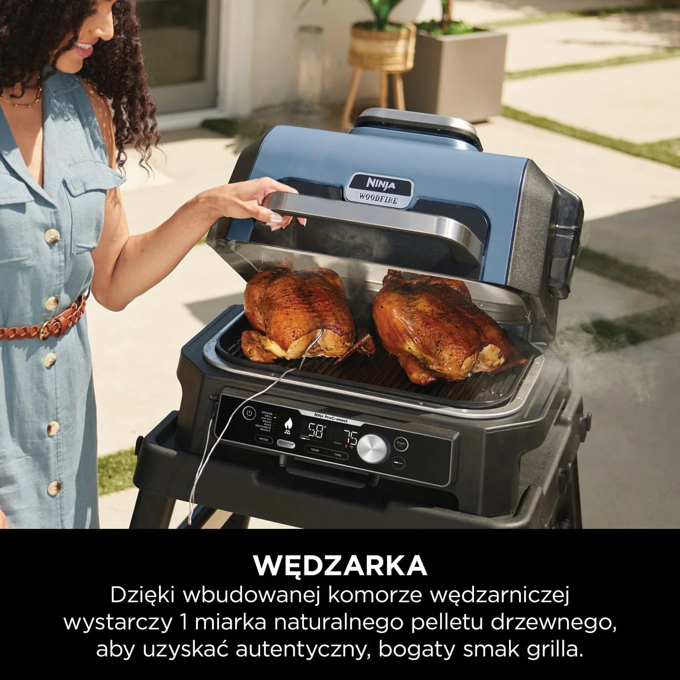 Ninja Woodfire Grill elektryczny, wędzarnia i frytkownica beztłuszczowa, 7 w 1, zewnętrzny, wędzenie, opiekanie, ciasta, odporny na pogodę, nieprzywierający, przenośny, szary/czarny OG701EU