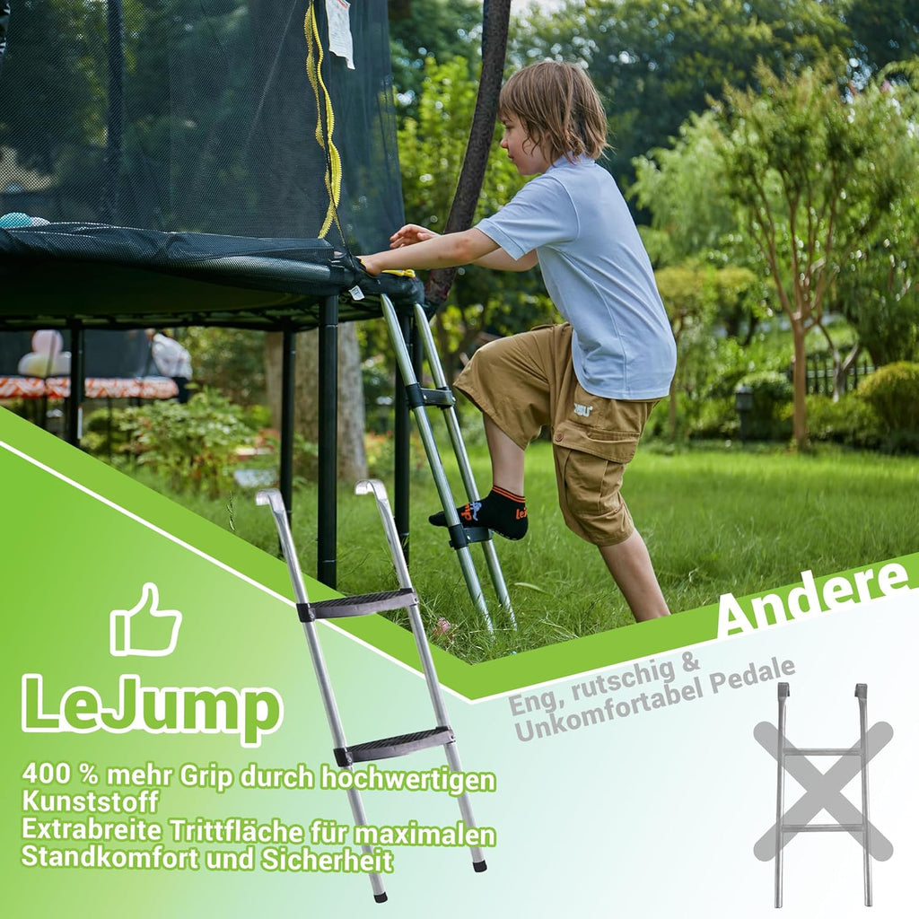 LeJump Sunrise trampolina ogrodowa o średnicy 235 cm / 366 cm / 305 cm, do fitnessu i ogrodu, z otaczającą siatką zabezpieczającą i osłoną krawędzi