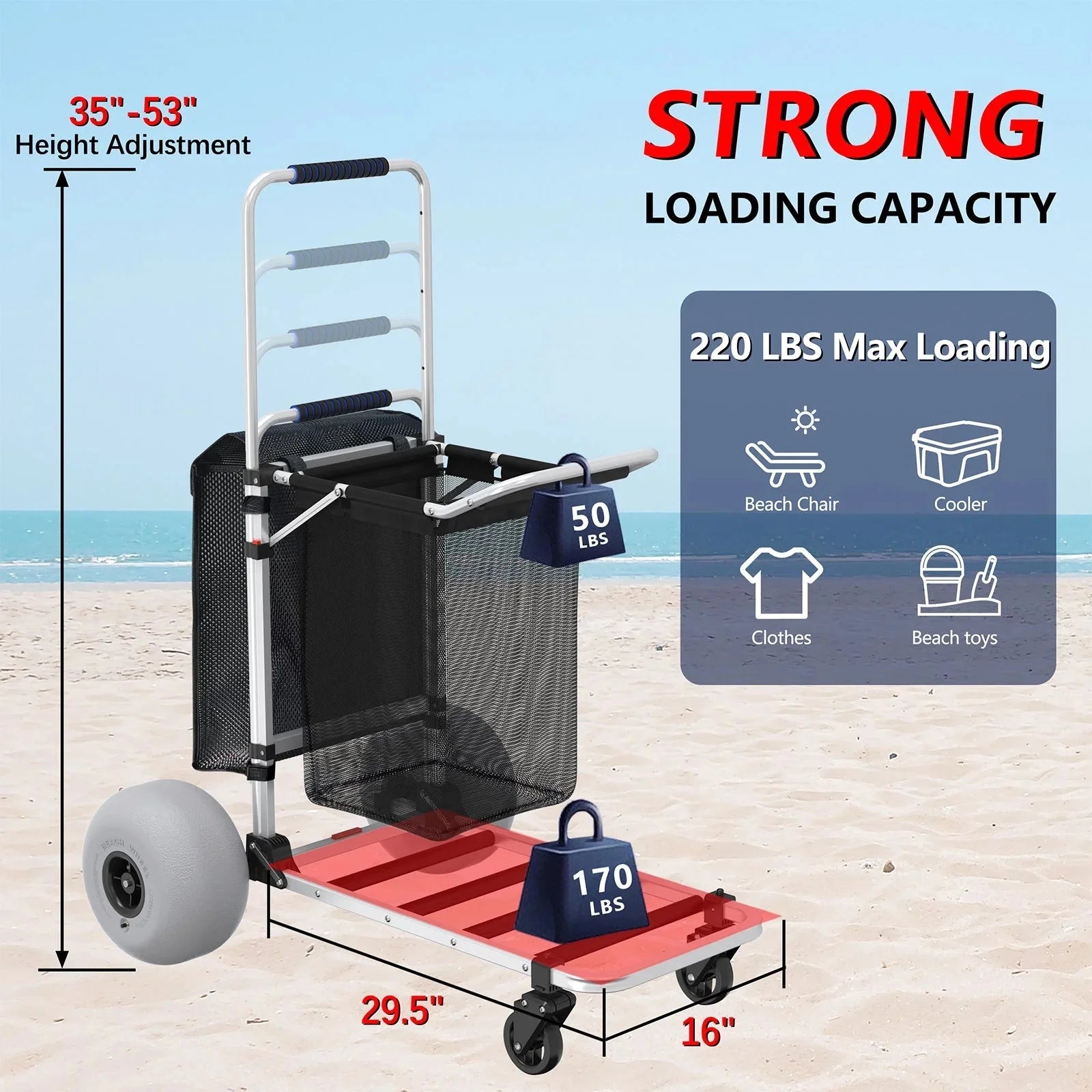 Foldable Beach Cart with Adjustable Handle and 12 Balloon Wheels, Heavy Duty Aluminum 220LBS Capacity