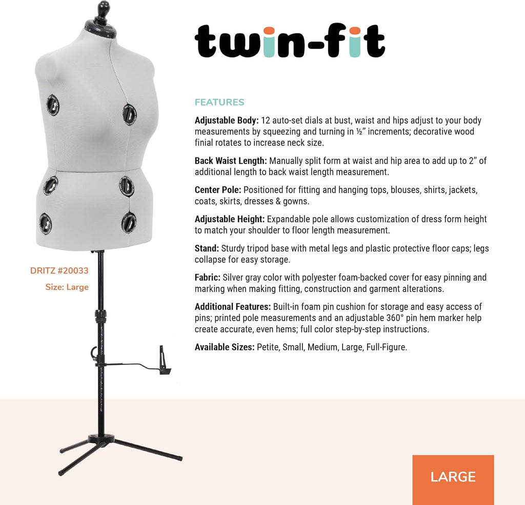 Dritz Twin-Fit Adjustable Dress Form, Large Sizes US 18-22