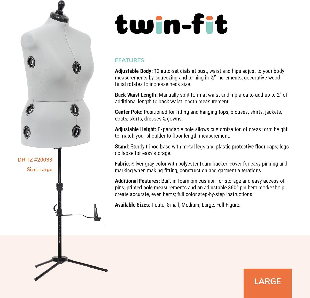Dritz Twin-Fit Adjustable Dress Form, Large Sizes US 18-22