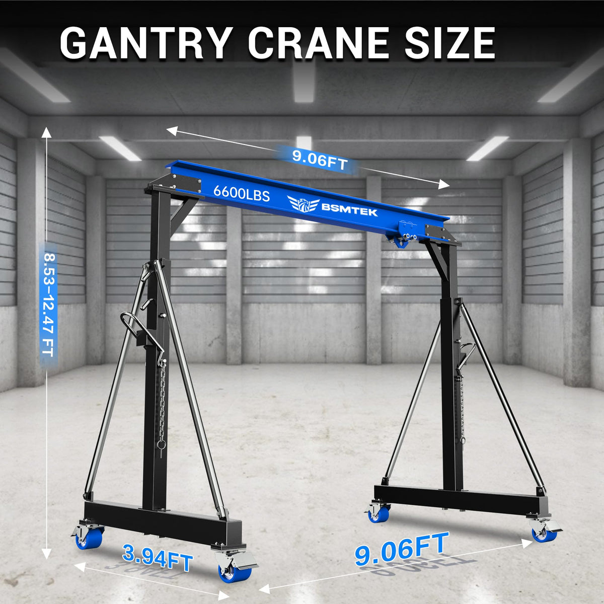 3 Ton Adjustable Gantry Crane,2026 Upgraded 6600LBS Steel I-Beam Construction, Portable Design with 360Â°Locking Wheels,Gantry Crane Adjustable Height from 8.53-12.5ft for Workshop,Garage