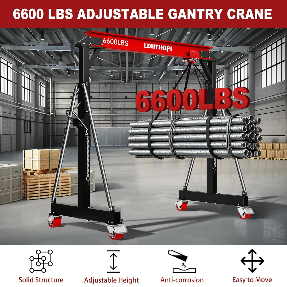 LDHTHOPI 3 Ton Gantry Crane, 6600LBS Adjustable Height 8.53 to 12.47ft with Triangle Base, Portable I-Beam Hoist for Factory, Warehouse, Auto Repair & Construction,Red