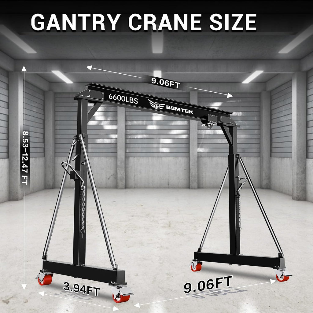 3 Ton Gantry Crane MAX6600lbs, Manual Trolley, 8.53FT Max Width, Portable Shop Crane with 8.53-12.47 FT Adjustable Height for Factories, Warehouses, Auto Repair, Black