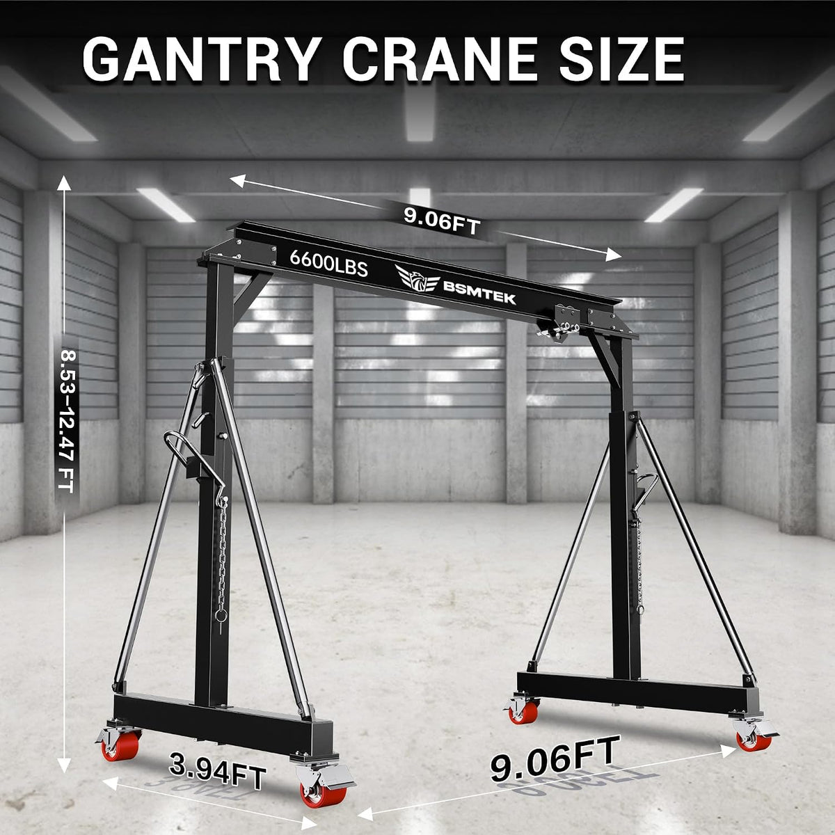 3 Ton Gantry Crane MAX6600lbs, Manual Trolley, 8.53FT Max Width, Portable Shop Crane with 8.53-12.47 FT Adjustable Height for Factories, Warehouses, Auto Repair, Black
