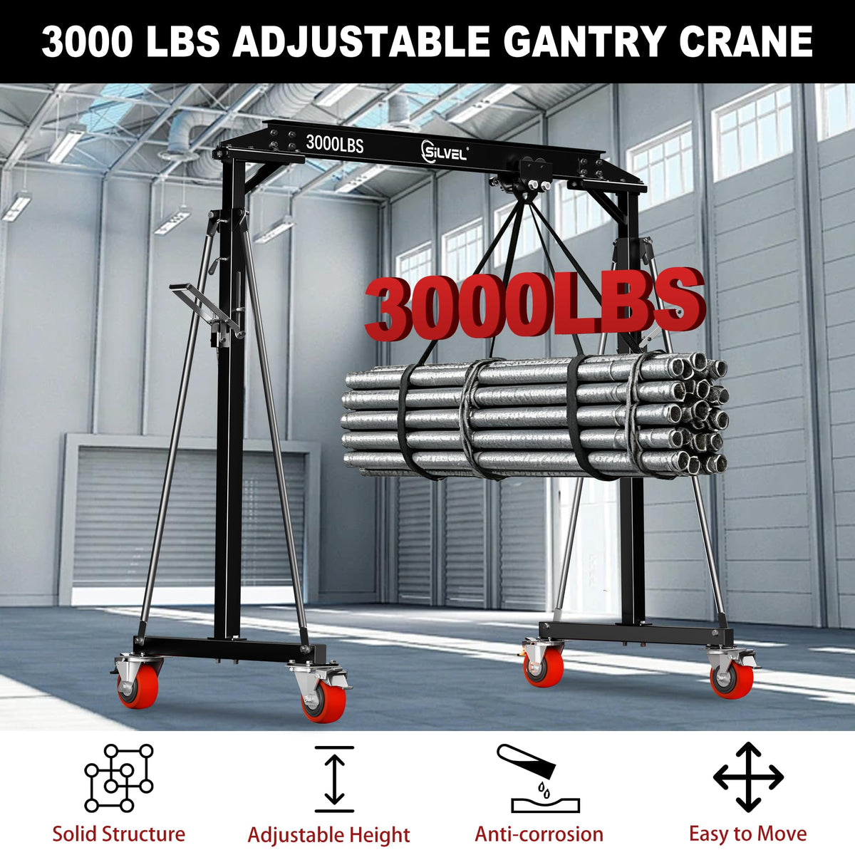 SILVEL 3 Ton Gantry Crane 6600LBS, Adjustable Height 8.53-12.47FT Heavy Duty Portable Engine Hoist with Steel I-Beam & Manual Trolley for Workshop, Garage, Warehouse,Red