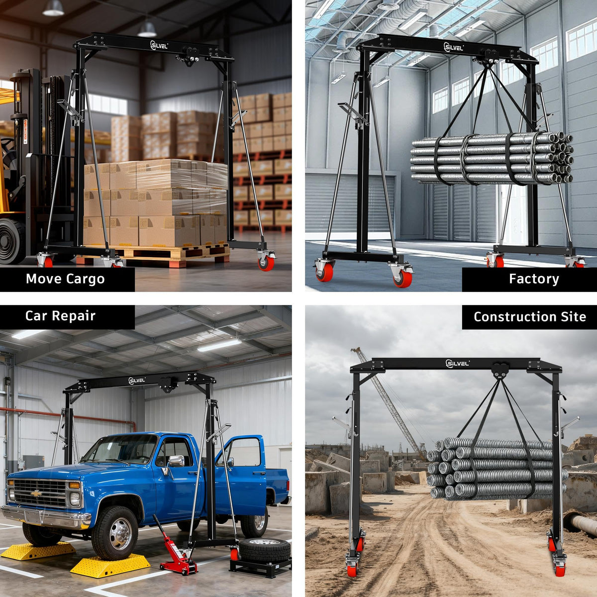SILVEL 3 Ton Gantry Crane 6600LBS, Adjustable Height 8.53-12.47FT Heavy Duty Portable Engine Hoist with Steel I-Beam & Manual Trolley for Workshop, Garage, Warehouse,Red