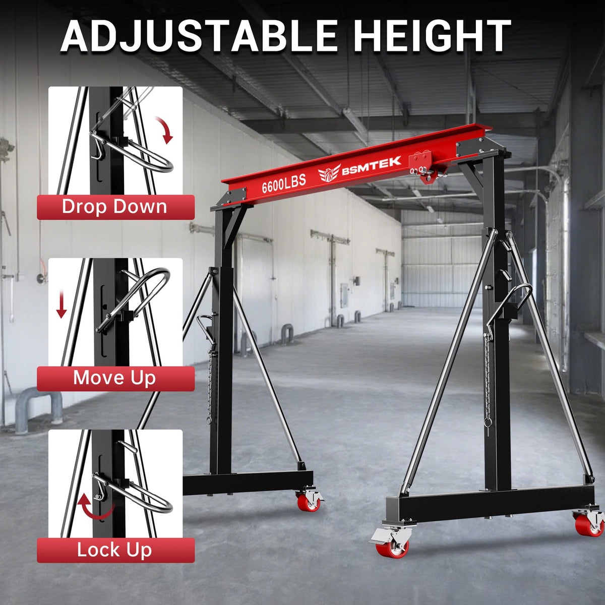 3 Ton Adjustable Gantry Crane,2026 Upgraded 6600LBS Steel I-Beam Construction, Portable Design with 360Â°Locking Wheels,Gantry Crane Adjustable Height from 8.53-12.5ft for Workshop,Garage
