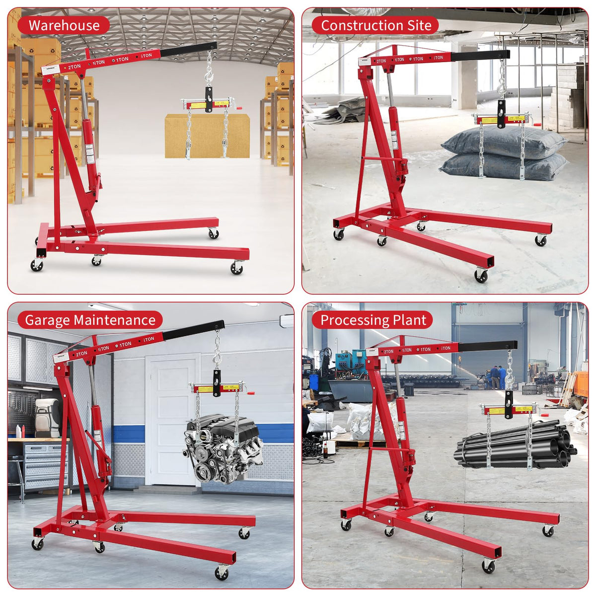 2-Ton Folding Engine Hoist Cherry Picker 4400 Lb Capacity Hydraulic Shop Crane with Telescoping Boom 6 Caster Wheels for Automotive Repair Garage Use Includes Hitch and Storage Stand Orange