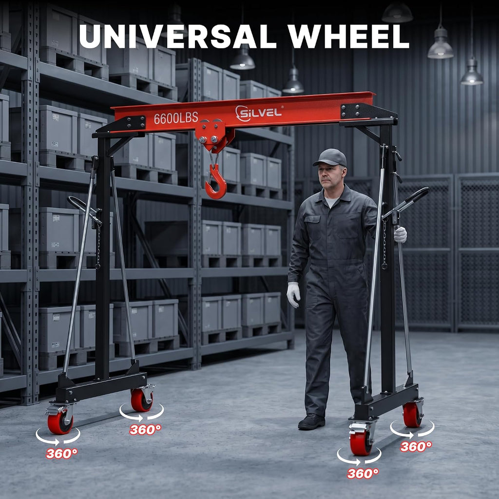 SILVEL 3 Ton Gantry Crane 6600LBS, Adjustable Height 8.53-12.47FT Heavy Duty Portable Engine Hoist with Steel I-Beam & Manual Trolley for Workshop, Garage, Warehouse,Red