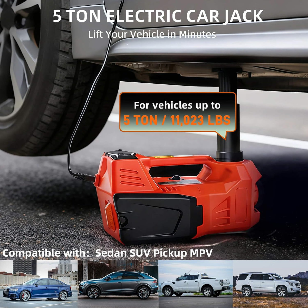 Electric Car Jack, 5 Ton Hydraulic Floor Jack with Electric Impact Wrench, Tire Inflator & LED Light, Lift Range 6.1-17.7 Inch, Emergency Roadside Tire Changing Kit for SUV Sedan Truck