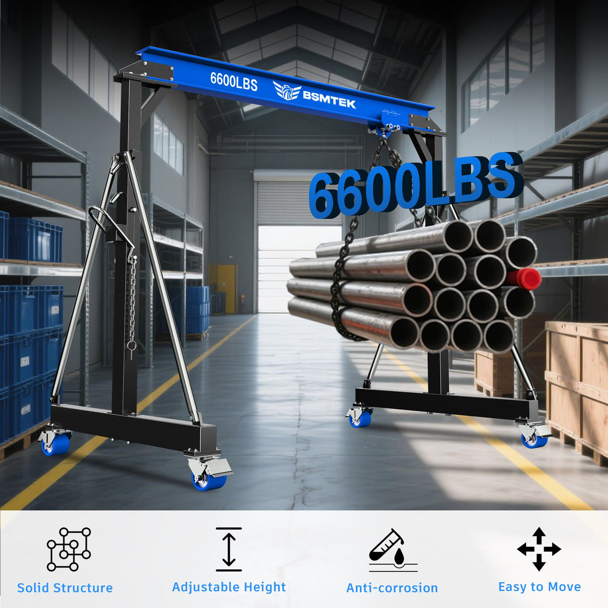 3 Ton Adjustable Gantry Crane,2026 Upgraded 6600LBS Steel I-Beam Construction, Portable Design with 360Â°Locking Wheels,Gantry Crane Adjustable Height from 8.53-12.5ft for Workshop,Garage