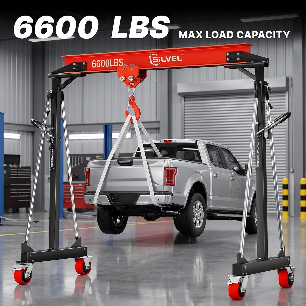 SILVEL 3 Ton Gantry Crane 6600LBS, Adjustable Height 8.53-12.47FT Heavy Duty Portable Engine Hoist with Steel I-Beam & Manual Trolley for Workshop, Garage, Warehouse,Red