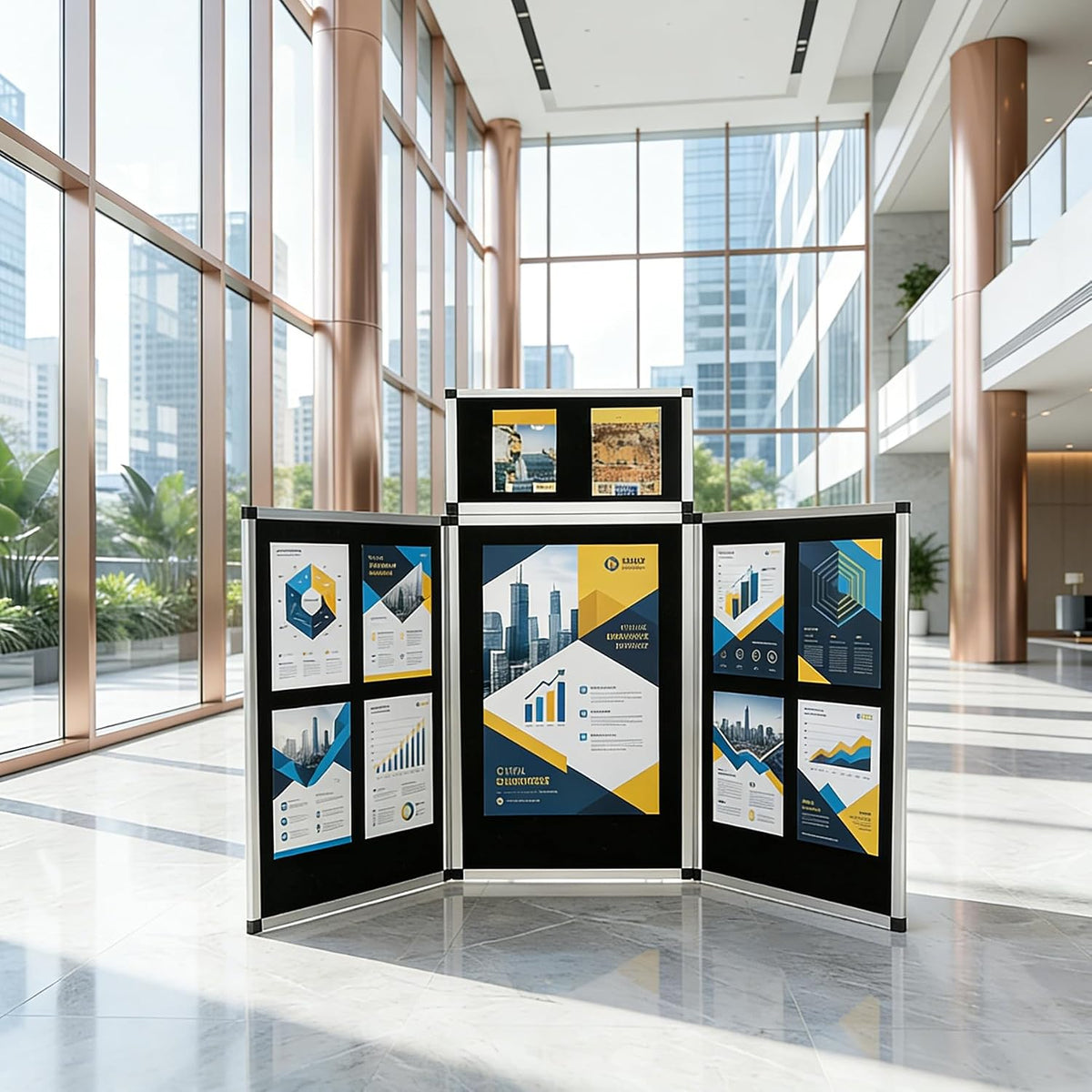 LITTLE TREE 3+1 Panel Trade Show Presentation Board, 70.8" x 35.4" Portable Panel Display, Folding Exhibition Boards Double Sided Tabletop Display Black Hook & Loop-Receptive Fabric with Bag