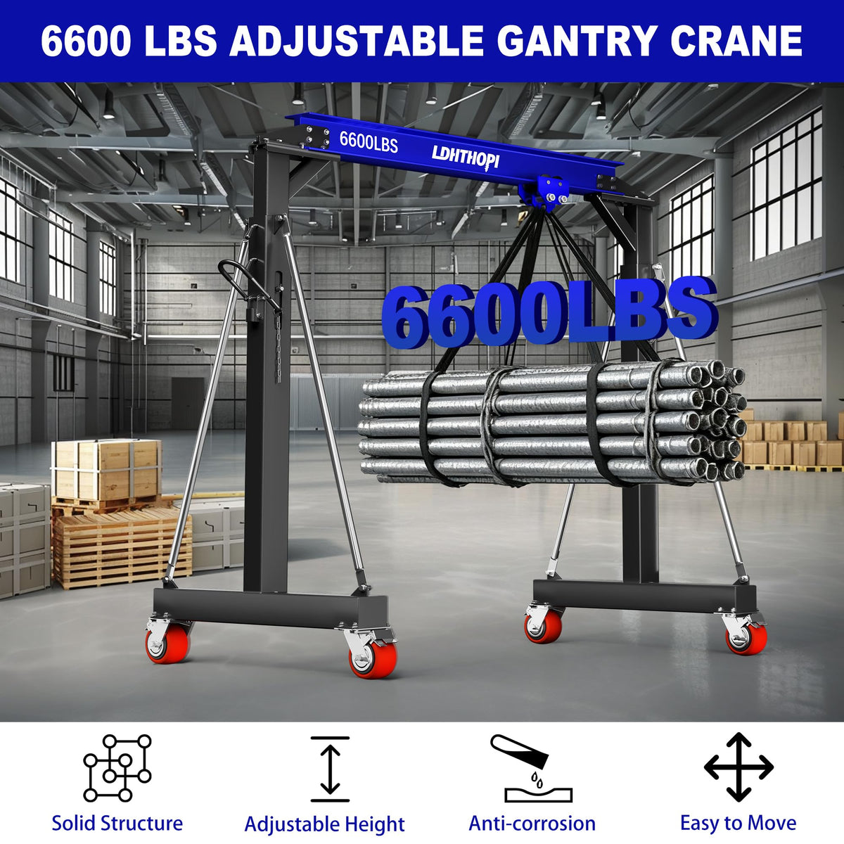 LDHTHOPI 3 Ton Gantry Crane, 6600LBS Adjustable Gantry Crane with 8.53-12.47ft Height, Shop Lift Hoist with Manual Trolley, Hook & Shackles for Warehouse, Factory,Auto Repair & Construction, Red