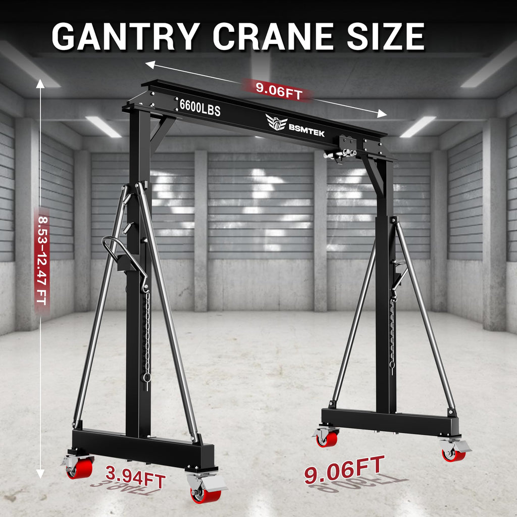 3 Ton Adjustable Gantry Crane,2026 Upgraded 6600LBS Steel I-Beam Construction, Portable Design with 360Â°Locking Wheels,Gantry Crane Adjustable Height from 8.53-12.5ft for Workshop,Garage