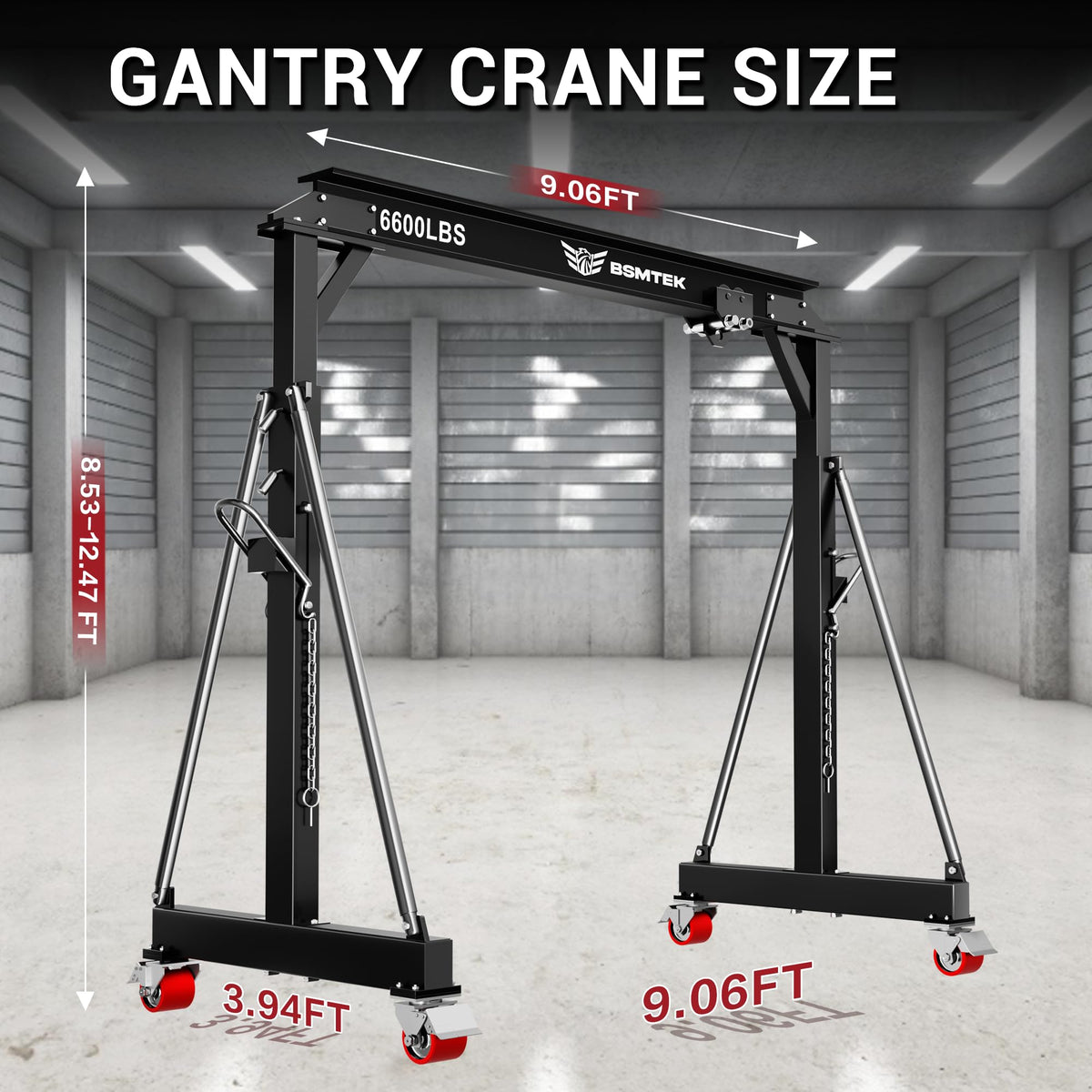 3 Ton Adjustable Gantry Crane,2026 Upgraded 6600LBS Steel I-Beam Construction, Portable Design with 360Â°Locking Wheels,Gantry Crane Adjustable Height from 8.53-12.5ft for Workshop,Garage