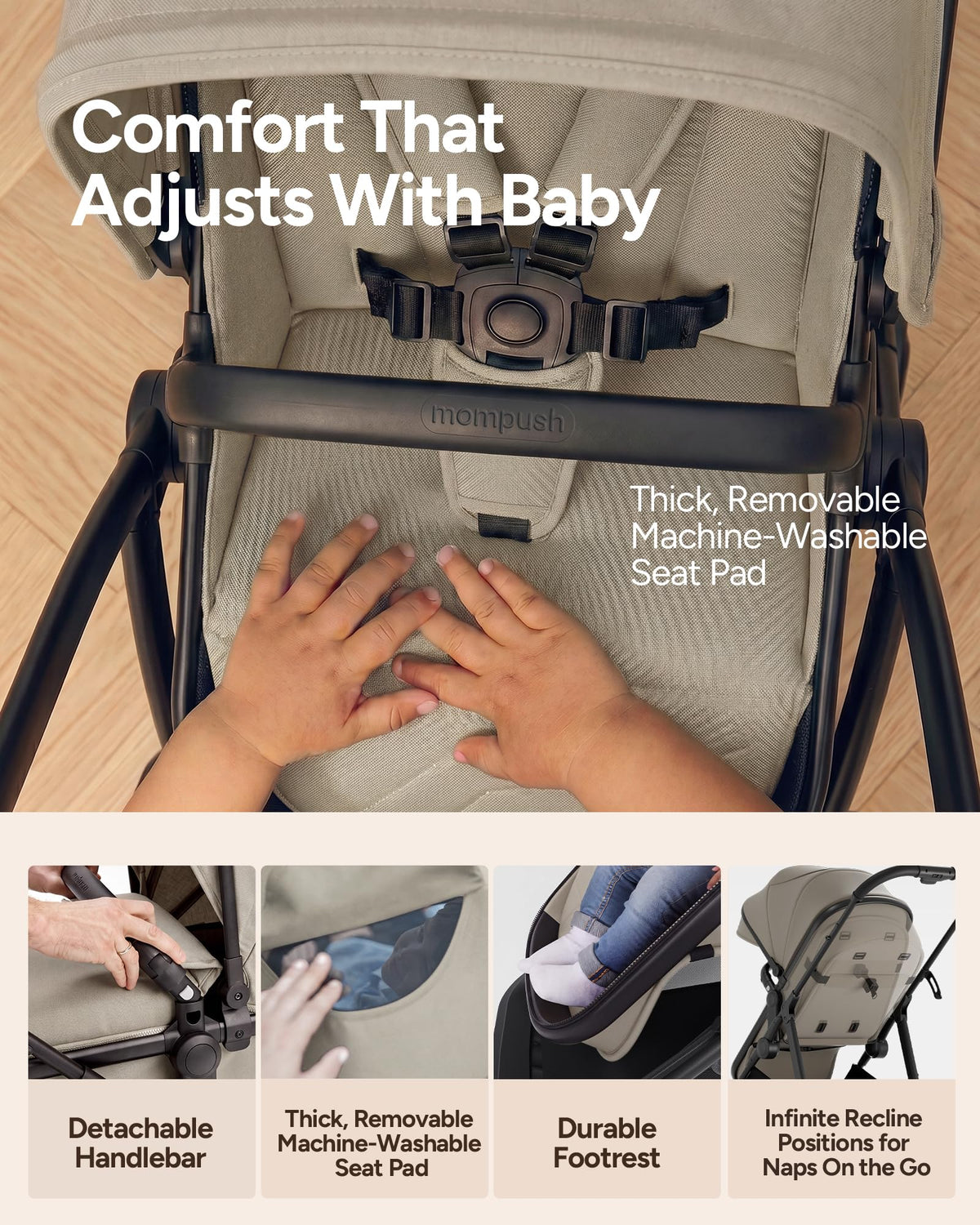 Mompush Wiz 2-in-1 Bassinet Stroller Reversible Seat, One-Hand Fold, Sage