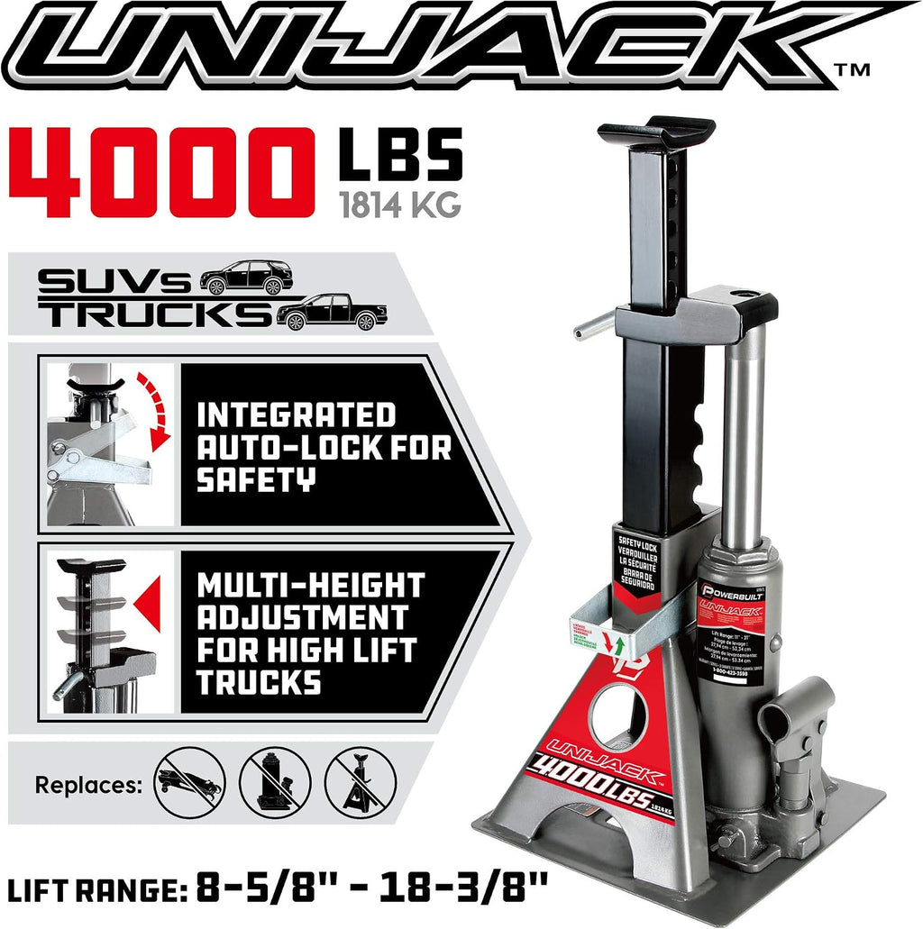 Powerbuilt 2 Ton UniJack Combination Hydraulic Bottle Jack / Jackstand in 1 Unit, Compact, Portable, Wide Base, for Unibody Sedans, CUVs, SUVs, Cars, - 620470