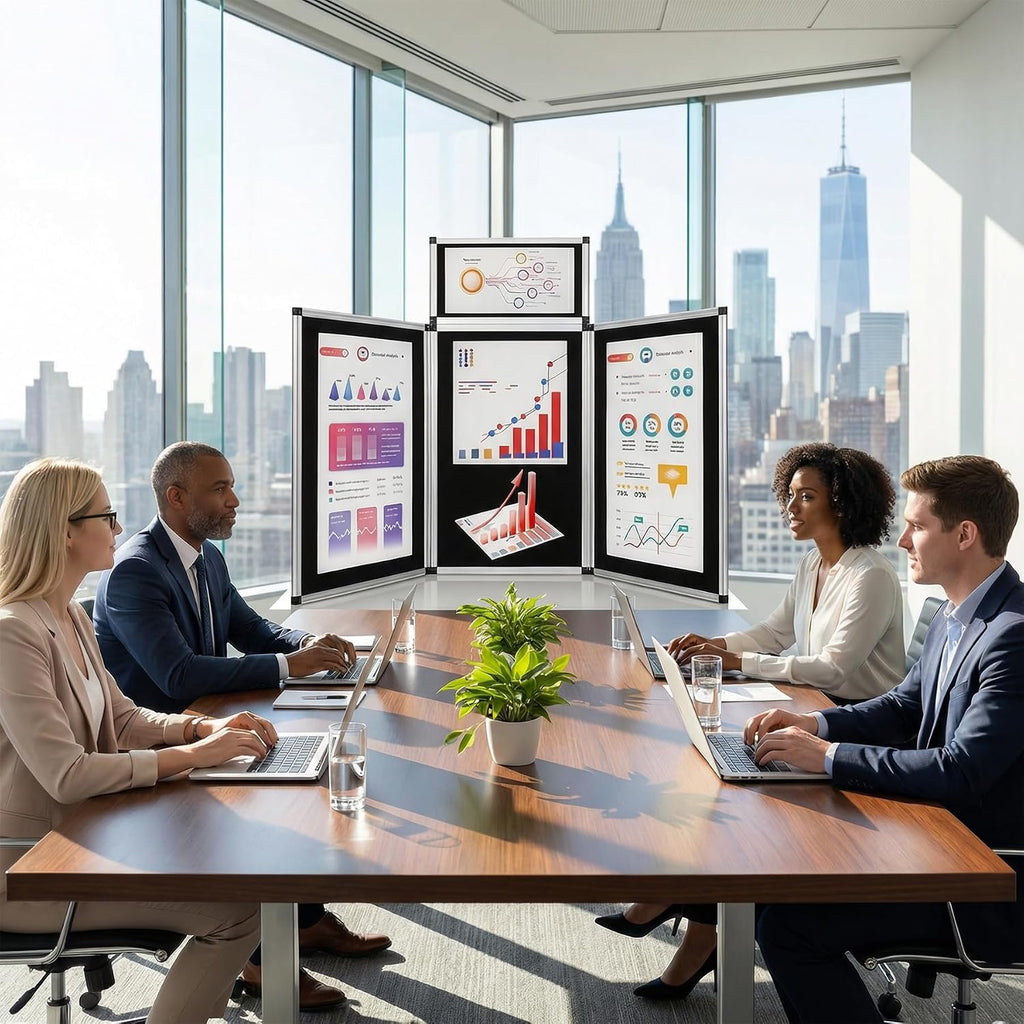 LITTLE TREE 3+1 Panel Trade Show Presentation Board, 70.8" x 35.4" Portable Panel Display, Folding Exhibition Boards Double Sided Tabletop Display Black Hook & Loop-Receptive Fabric with Bag