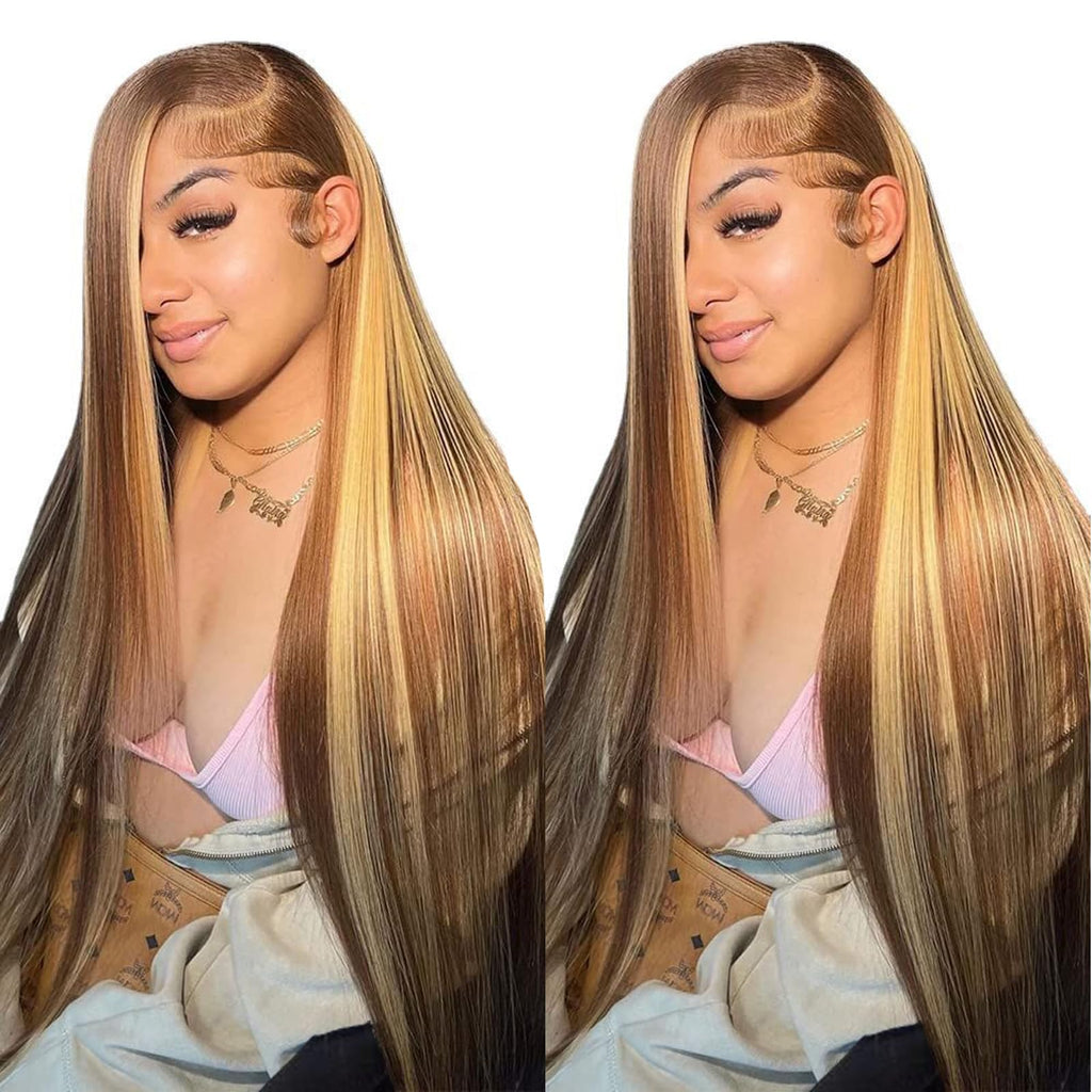 13x6 Ombre Lace Front Wig Human Hair 28IN 180Density Highlight Straight Wig
