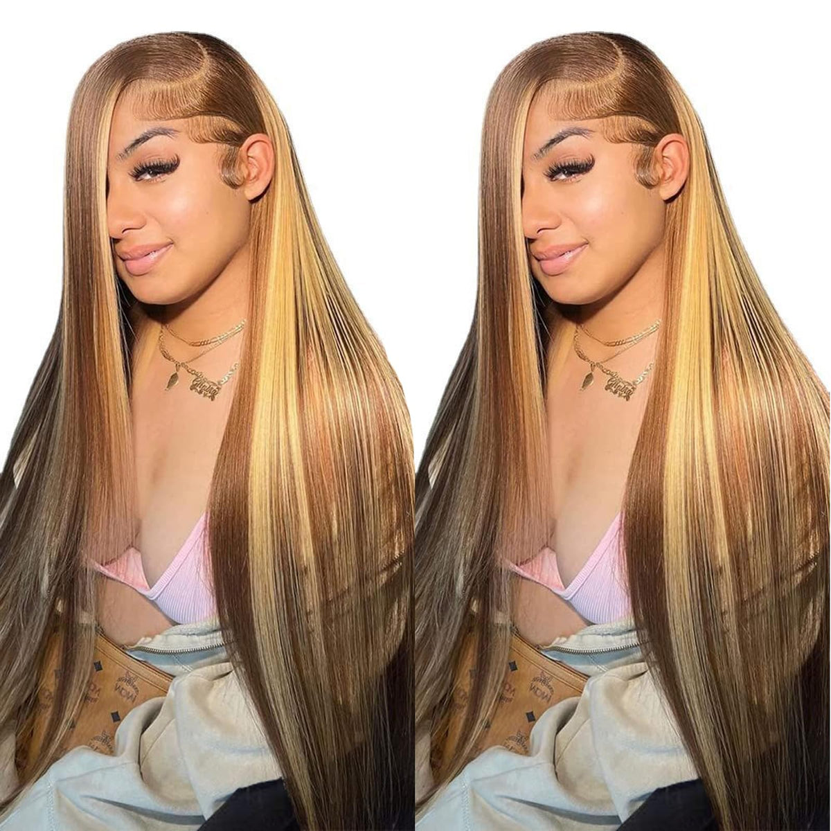 13x6 Ombre Lace Front Wig Human Hair 28IN 180Density Highlight Straight Wig