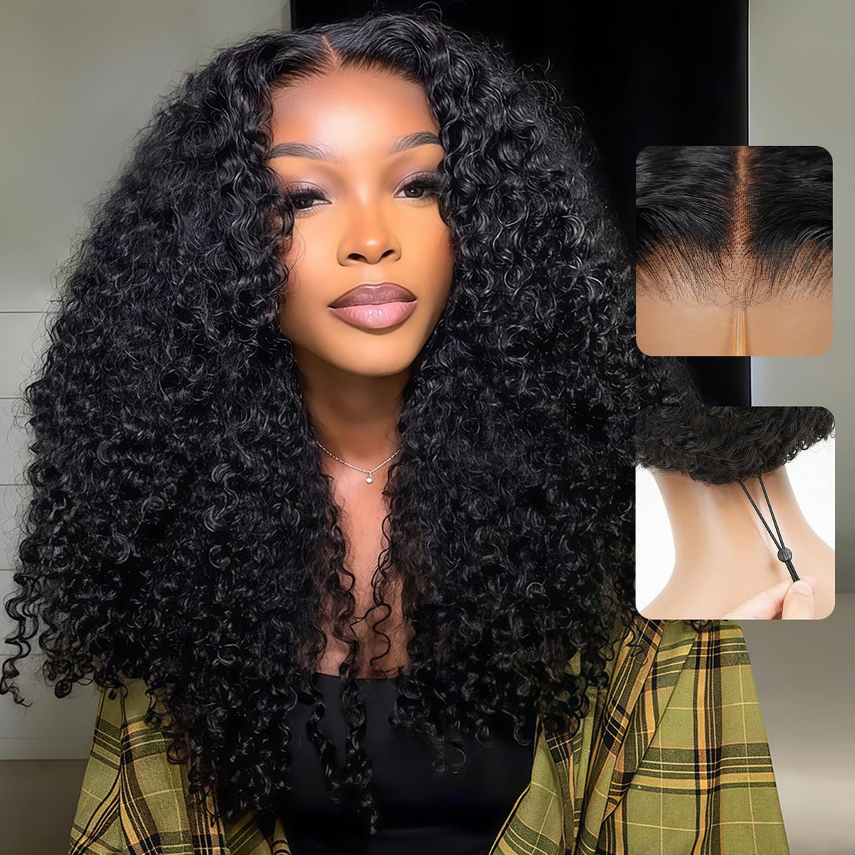 Liqusee 7x6 Burmese Curly Glueless Wigs Human Hair Pre Plucked Pre Cut 250% Density Drawstring Wig for Black Women 7x6 HD Lace Front Wigs Human Hair Glueless Wear and Go Natural Color 24 Inch
