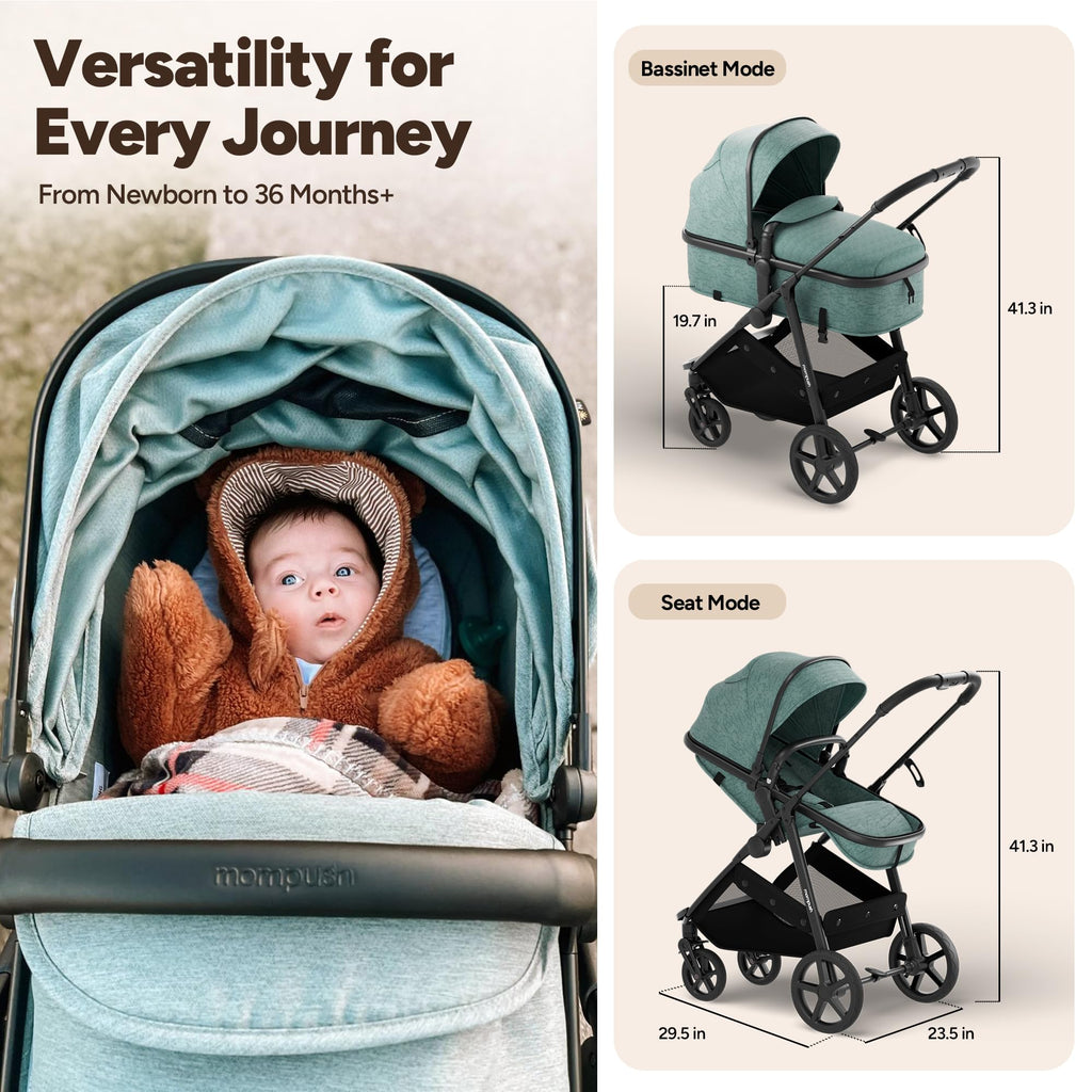 Mompush Wiz 2-in-1 Bassinet Stroller Reversible Seat, One-Hand Fold, Sage