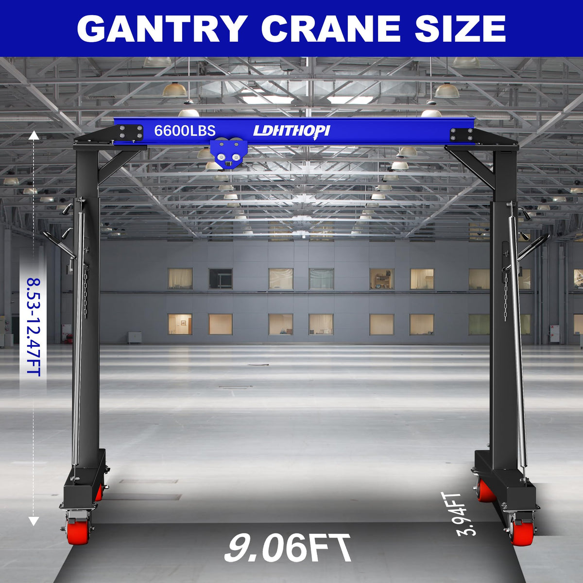 LDHTHOPI 3 Ton Gantry Crane, 6600LBS Adjustable Height 8.53 to 12.47ft with Triangle Base, Portable I-Beam Hoist for Factory, Warehouse, Auto Repair & Construction,Red
