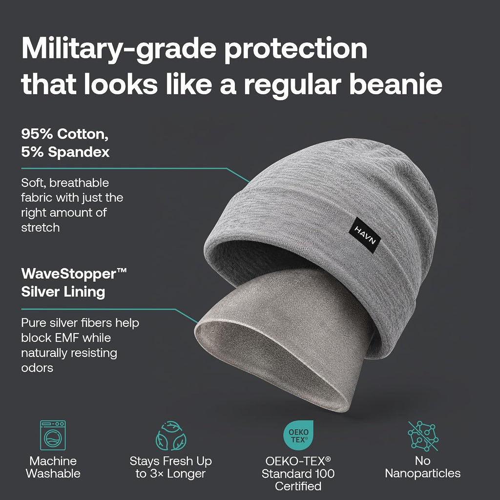 HAVN EMF Lightweight Beanie for Men & Women - Blocking Faraday Hat with WaveStopper Silver Shielding - Blocks 99% of WiFi 5G Cellphone Radiation - Breathable Sleep Cap - Heather Grey One Size