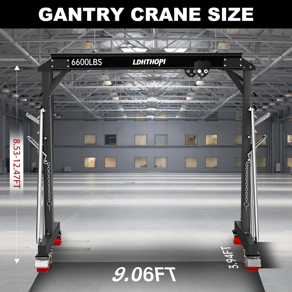 LDHTHOPI 3 Ton Gantry Crane, 6600LBS Adjustable Height 8.53 to 12.47ft with Triangle Base, Portable I-Beam Hoist for Factory, Warehouse, Auto Repair & Construction,Red