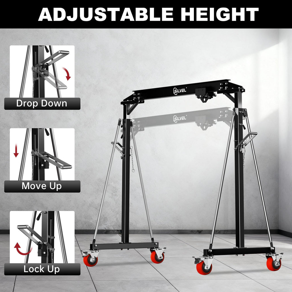 SILVEL 3 Ton Gantry Crane 6600LBS, Adjustable Height 8.53-12.47FT Heavy Duty Portable Engine Hoist with Steel I-Beam & Manual Trolley for Workshop, Garage, Warehouse,Red