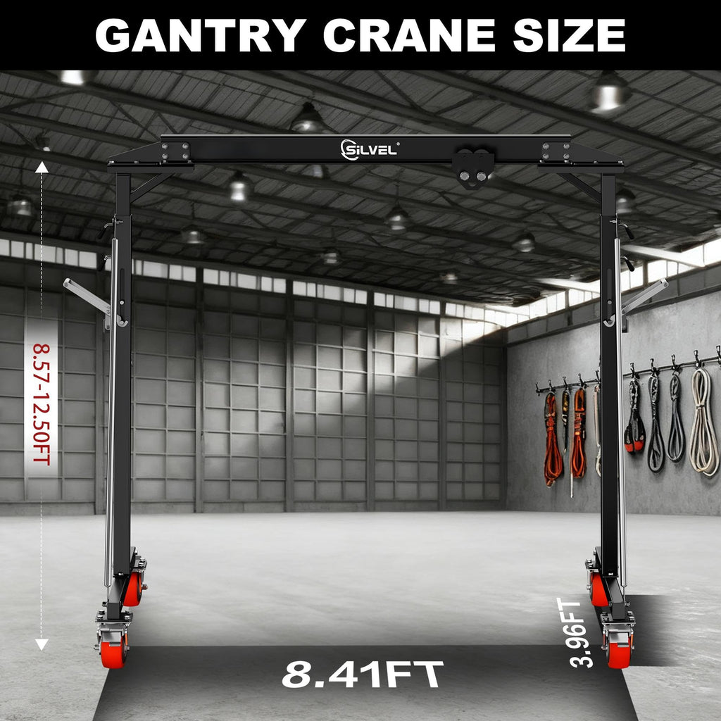 SILVEL 3 Ton Gantry Crane 6600LBS, Adjustable Height 8.53-12.47FT Heavy Duty Portable Engine Hoist with Steel I-Beam & Manual Trolley for Workshop, Garage, Warehouse,Red