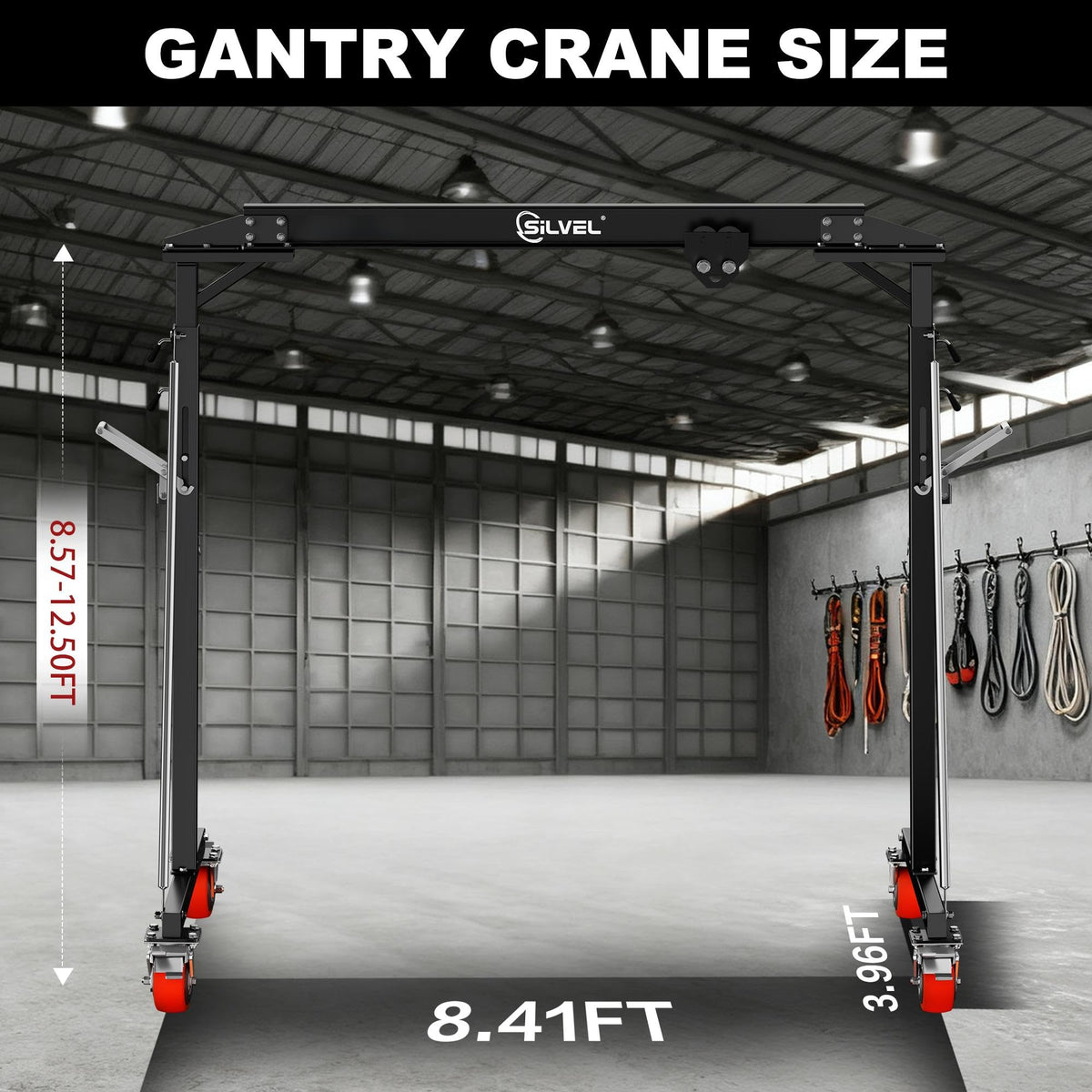 SILVEL 3 Ton Gantry Crane 6600LBS, Adjustable Height 8.53-12.47FT Heavy Duty Portable Engine Hoist with Steel I-Beam & Manual Trolley for Workshop, Garage, Warehouse,Red
