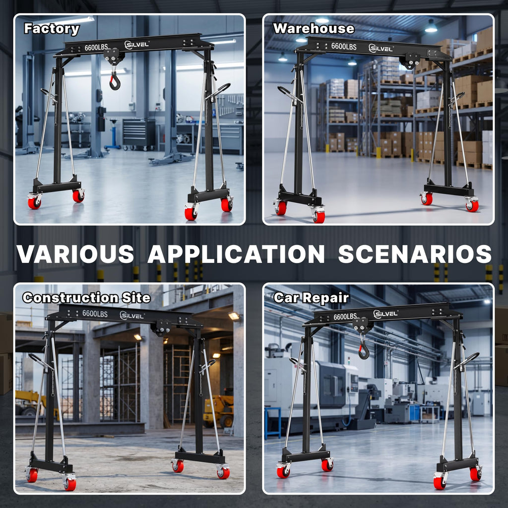 SILVEL 3 Ton Gantry Crane 6600LBS, Adjustable Height 8.53-12.47FT Heavy Duty Portable Engine Hoist with Steel I-Beam & Manual Trolley for Workshop, Garage, Warehouse,Red